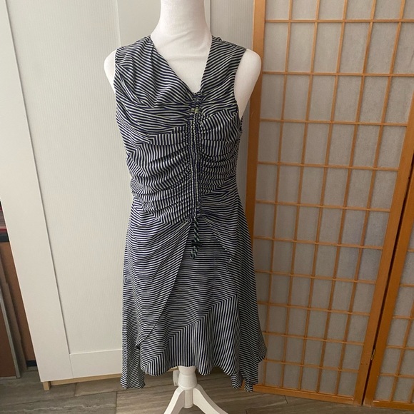 Kenzo Paris Navy Multicolor Striped Gathered Sleeveless 100 Silk Dress 38 Us 4-6 - Picture 2 of 10